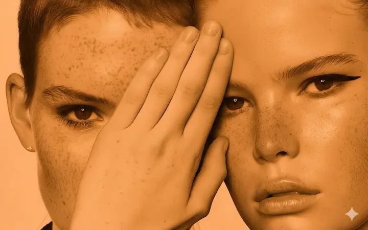 A portrait of two female models partially hiding their faces with their hands with orange photo filter